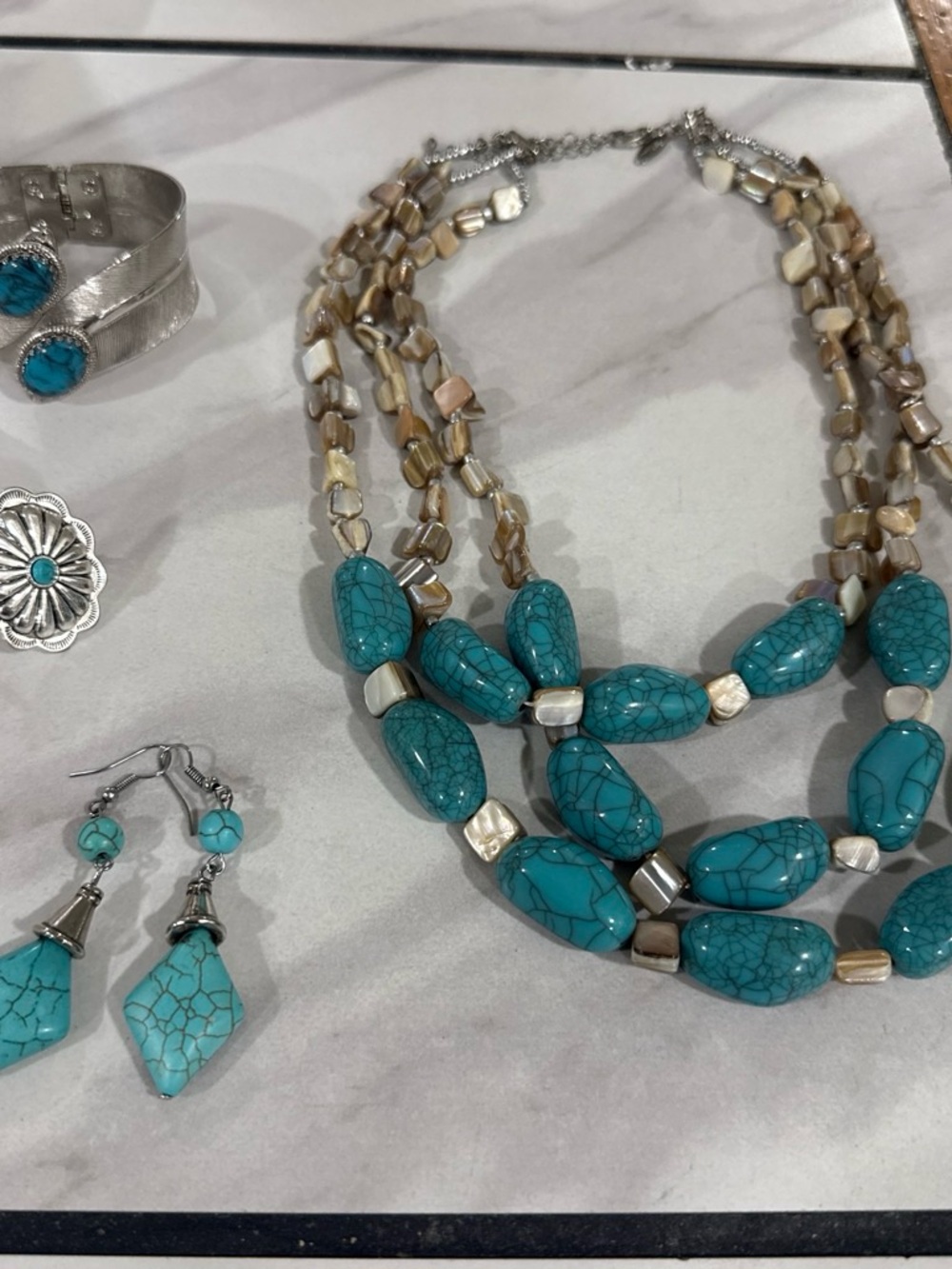 Turquoise Beaded Statement Necklace and Earrings Set - Unbranded